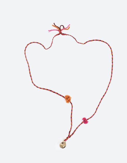 Long 3 colors braided yarn necklace with copper bell pendant and tassels
